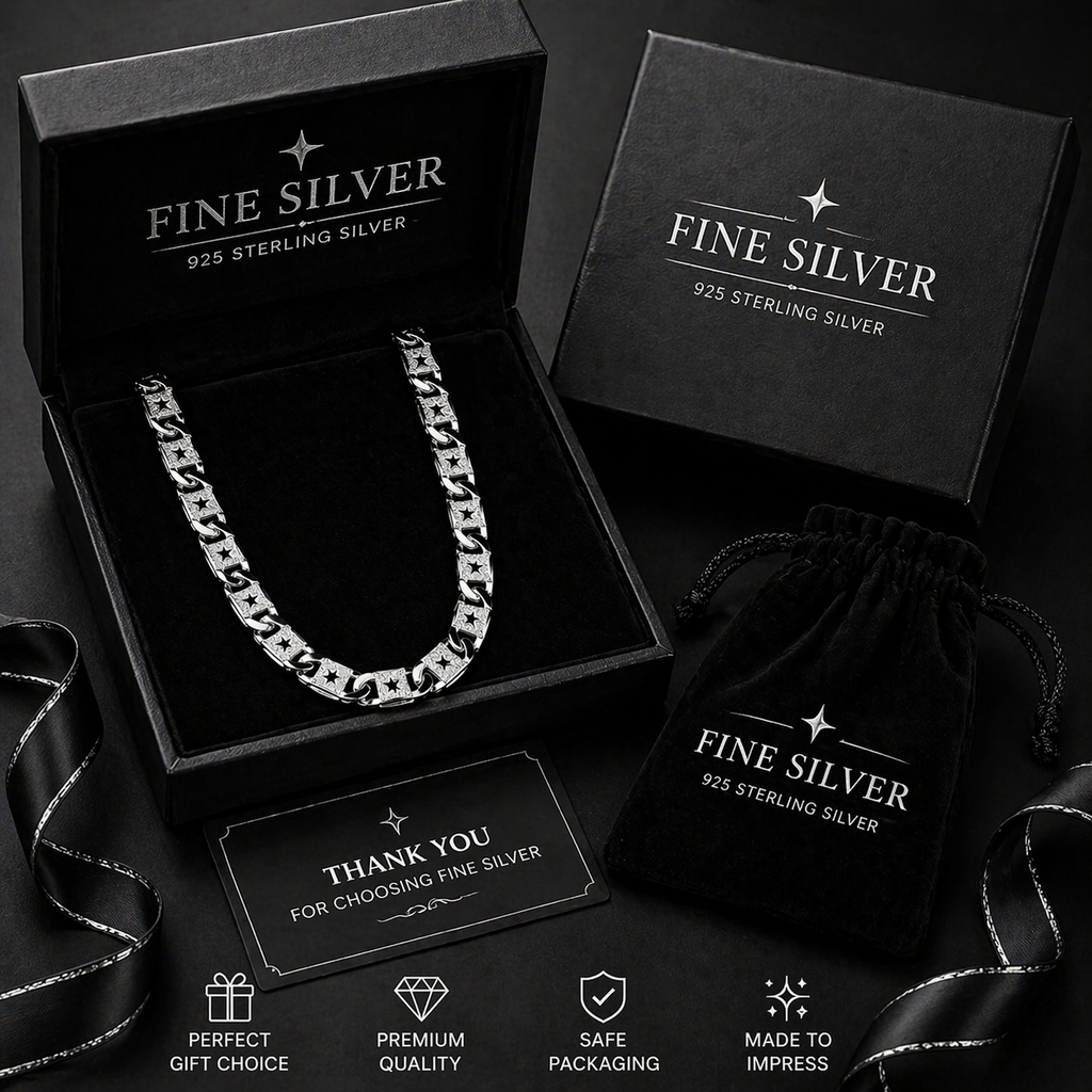 Authentic 925 Sterling Silver Star-Embossed Textured Link Chain for Men (55cm, 29g)
