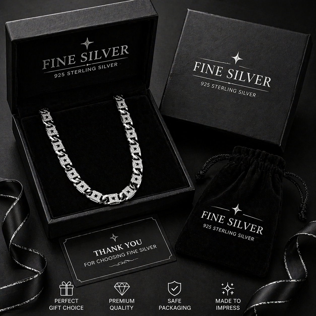 Authentic 925 Sterling Silver Star-Embossed Textured Link Chain for Men (55cm, 29g)