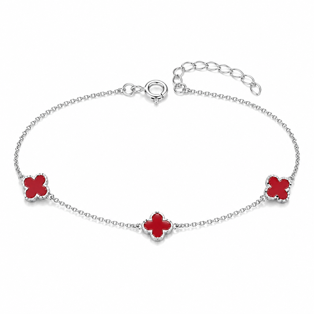 925 Sterling Silver Triple Red Clover Station Bracelet – Alhambra Inspired