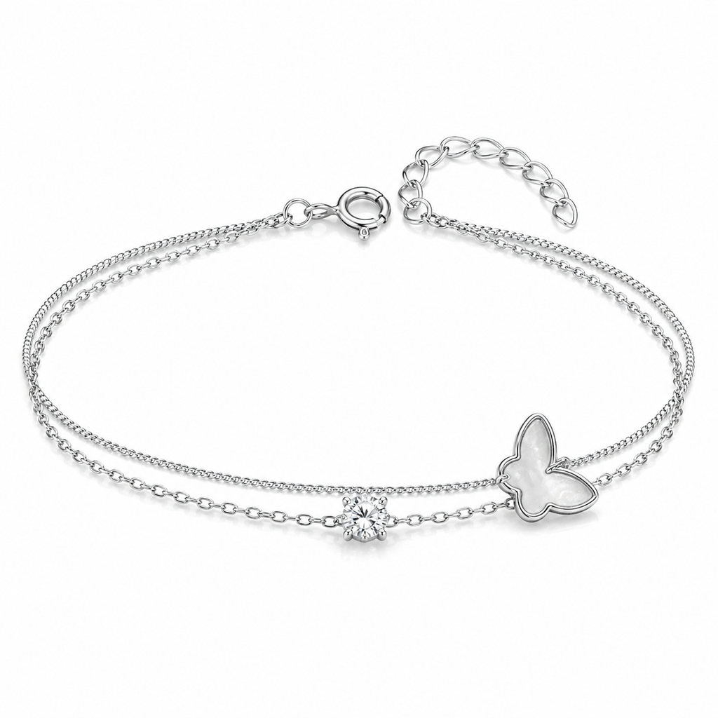 925 Sterling Silver Double-Layer Butterfly &amp; Zircon Bracelet