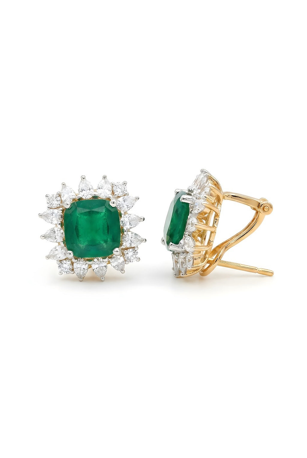 Emerald Green Cushion-Cut Halo Earrings with Italian Silver Settings &amp; Omega Back