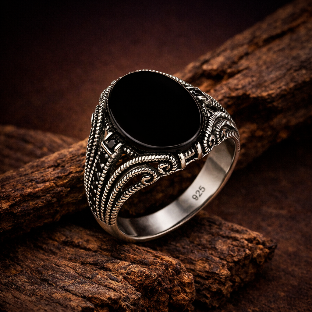 925 Italian Silver Men's Ring with Oval Black Onyx &amp; Vintage Rope Design