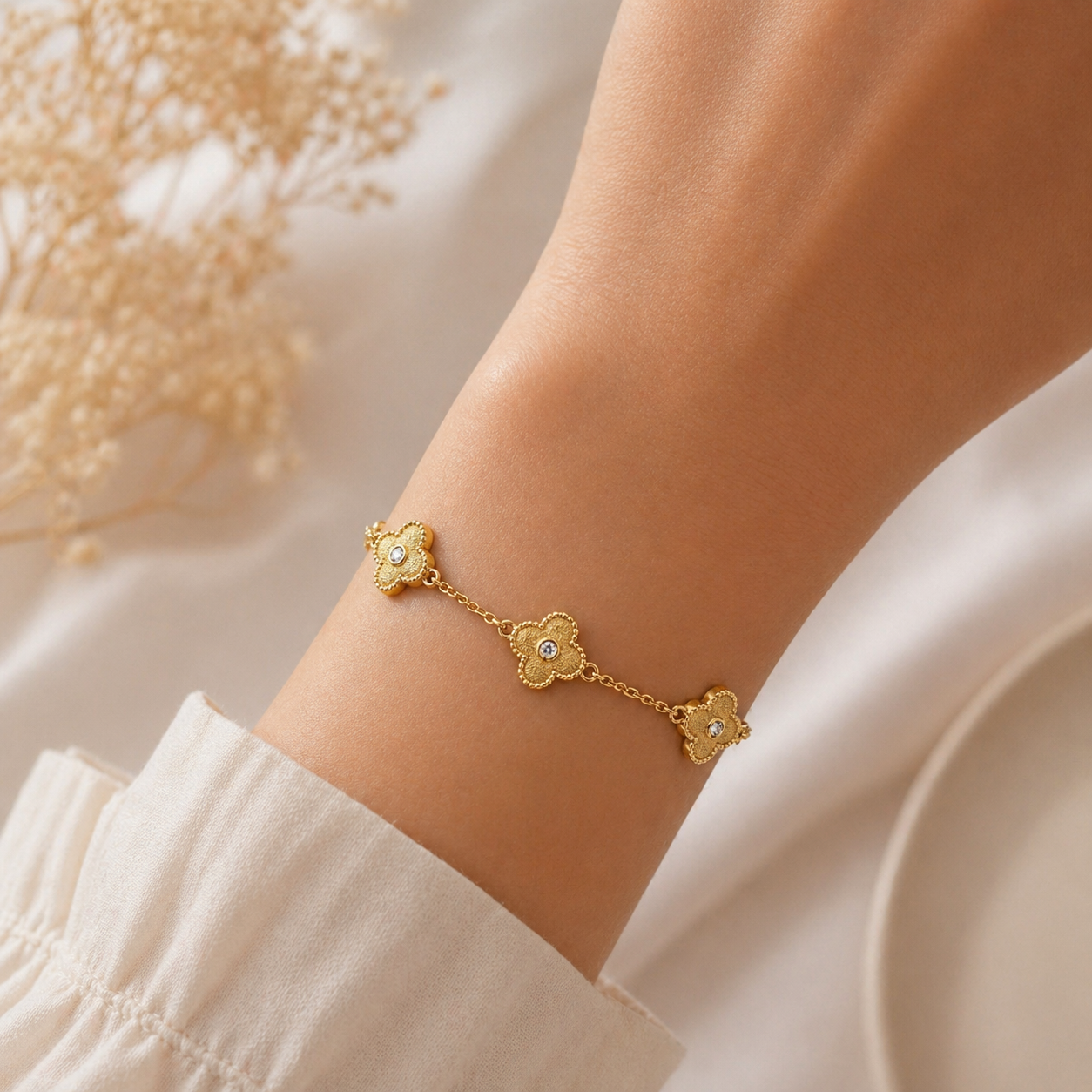 925 Sterling Silver 18K Gold Plated Triple Clover Station Bracelet – Alhambra Inspired