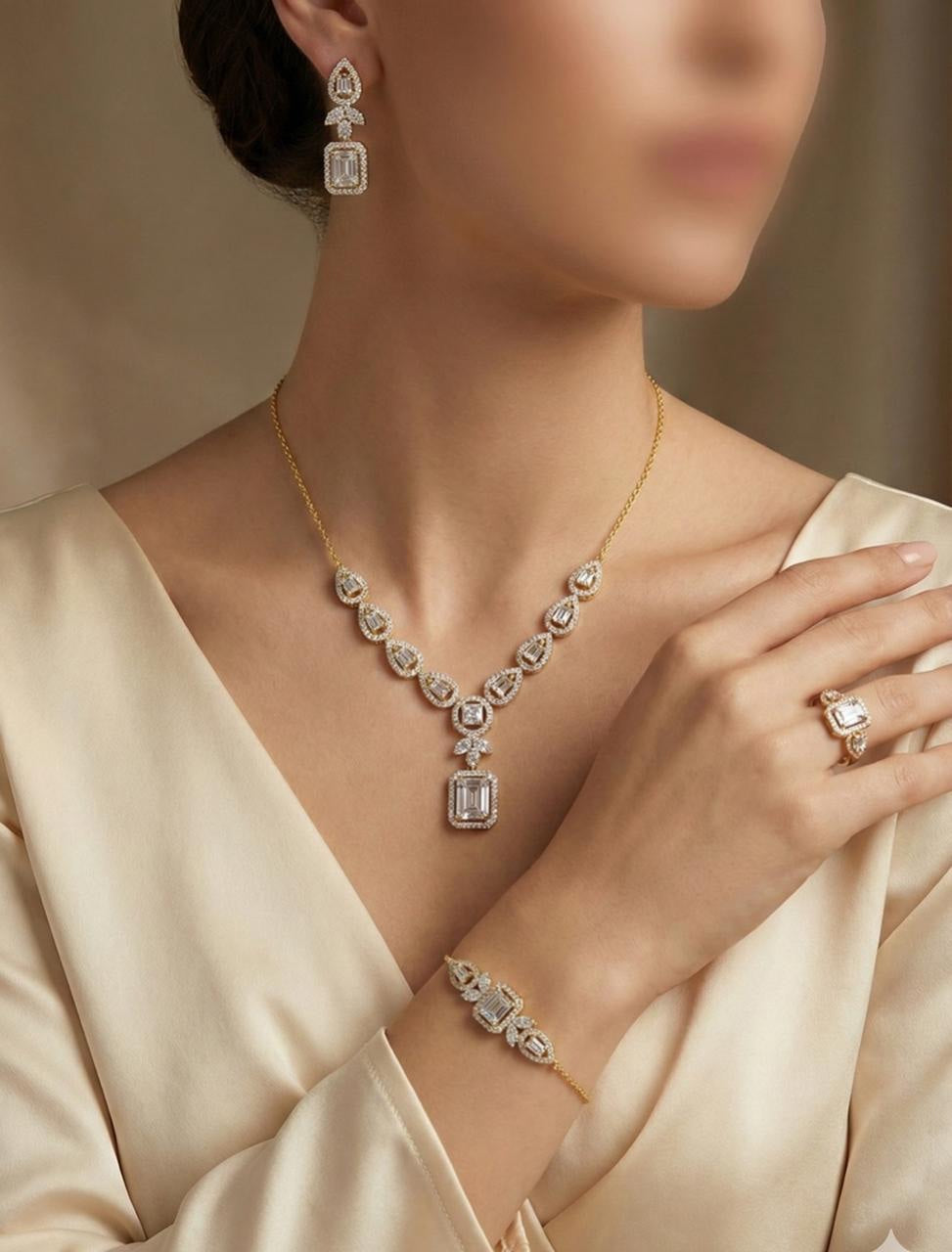 Italian 925 Silver Gold Polished Emerald-Cut Jewelry Set (4-Piece)