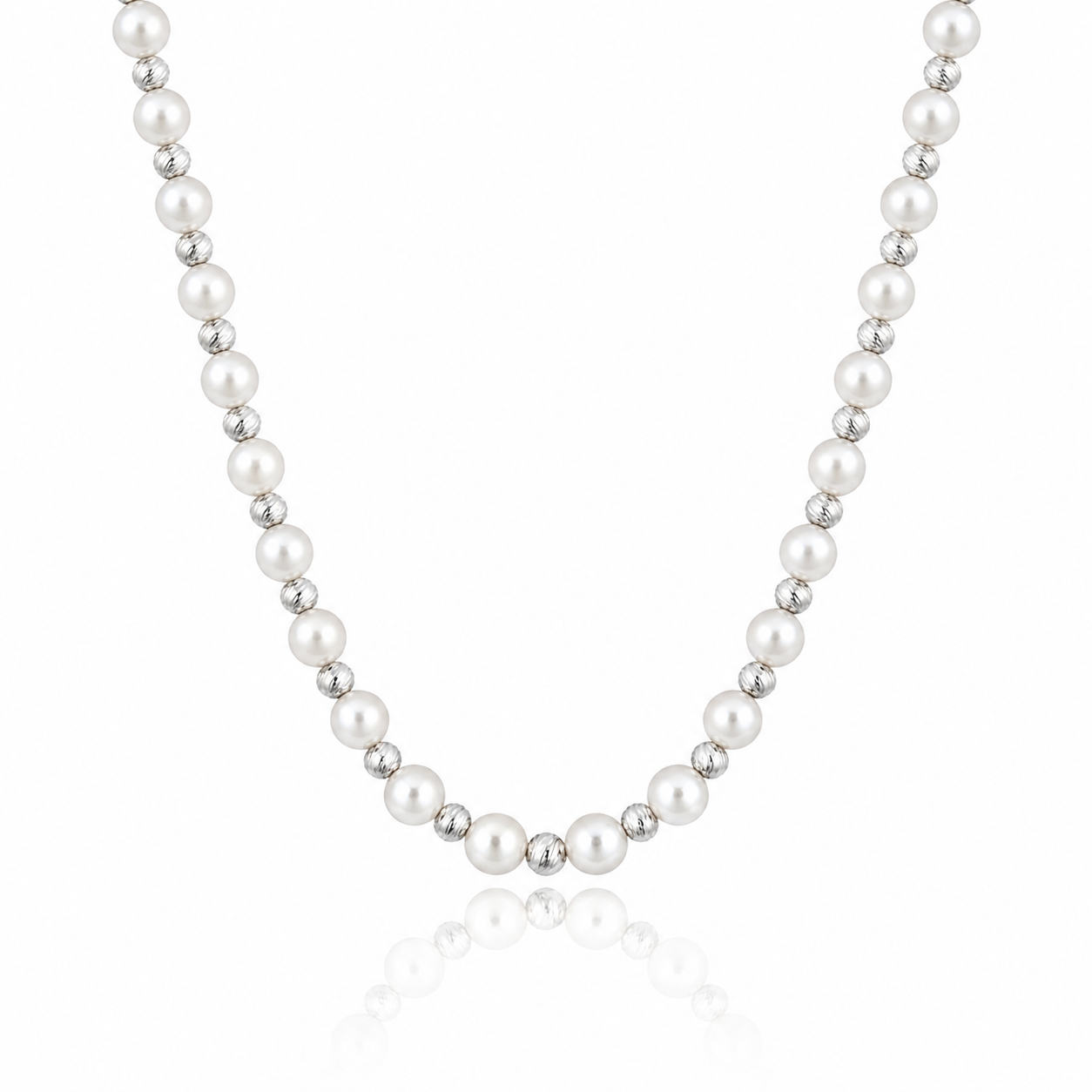 Elegant 925 Sterling Silver Freshwater Pearl Necklace with Textured Silver Beads