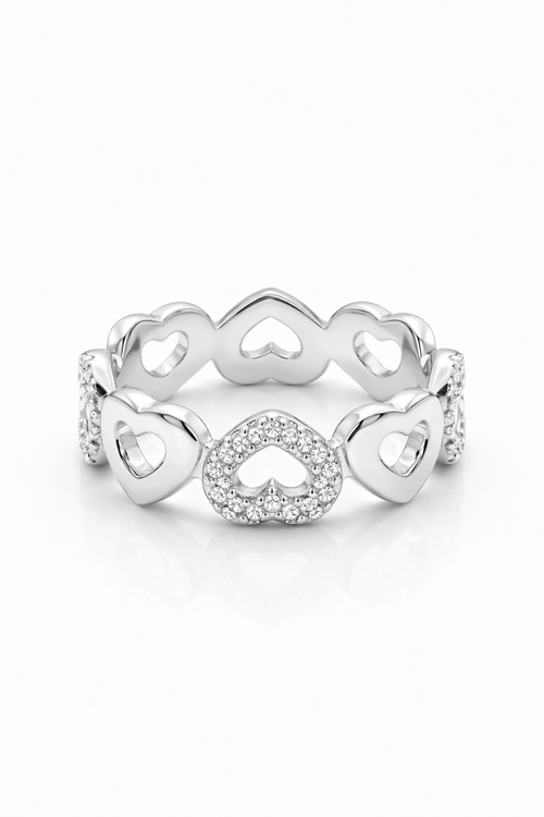 925 Italian Silver Heart Eternity Ring with Pave Zircons - Size 7