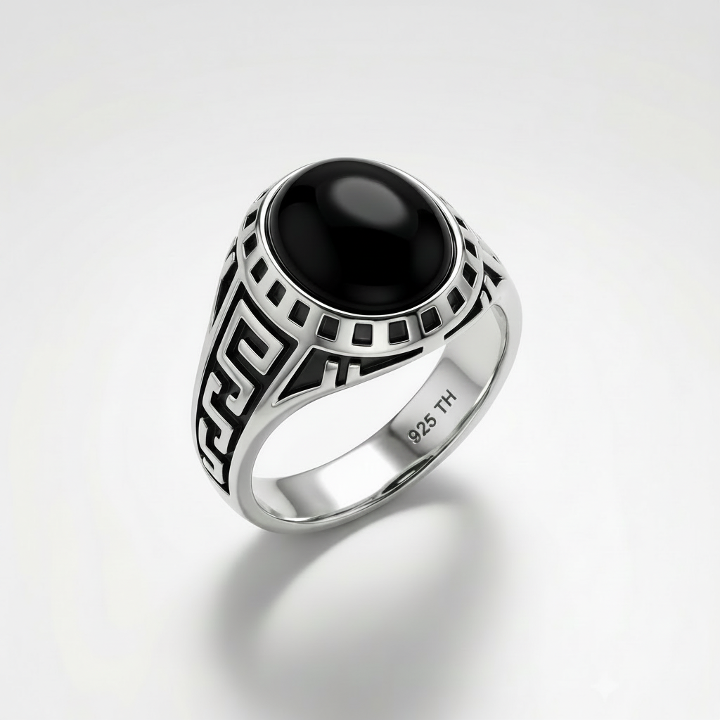925 Italian Silver Men's Ring with Black Onyx Style Stone &amp; Greek Key Band