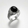 925 Italian Silver Men's Ring with Black Onyx Style Stone &amp; Greek Key Band