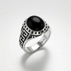 925 Italian Silver Men's Ring with Black Onyx Style Stone &amp; Greek Key Band