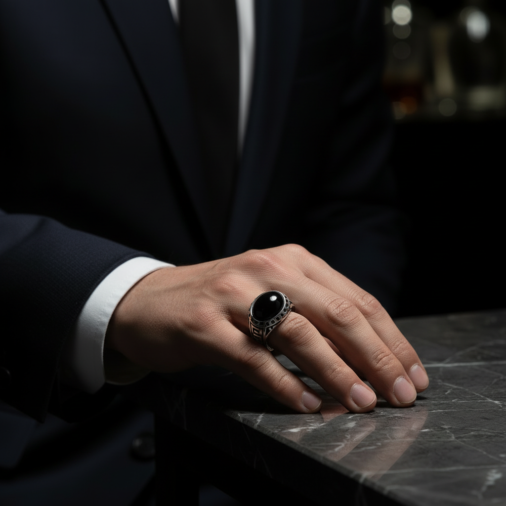Hand wearing a black ring on a marble surface with a blurred background