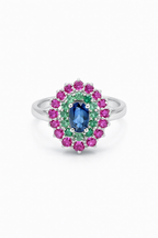 925 Italian Silver Multicolor Cluster Ring with Blue, Green &amp; Pink Stones