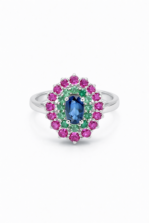 925 Italian Silver Multicolor Cluster Ring with Blue, Green &amp; Pink Stones