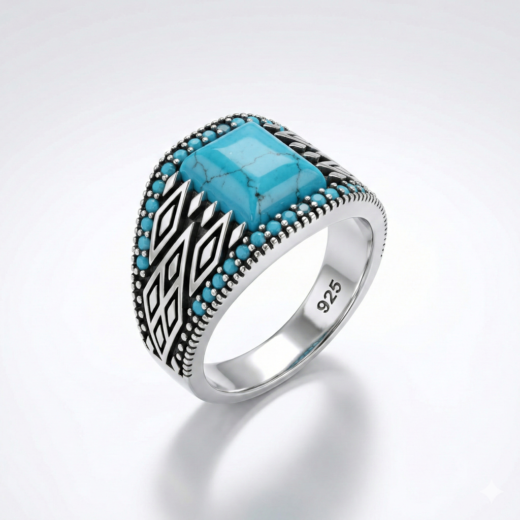 925 Italian Silver Men's Ring with Square Turquoise (Firoza)