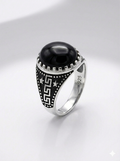 925 Italian Silver Men's Ring with Round Black Stone &amp; Greek Key Design