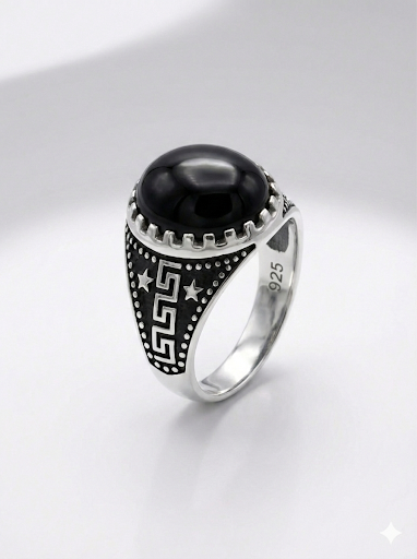 925 Italian Silver Men's Ring with Round Black Stone &amp; Greek Key Design