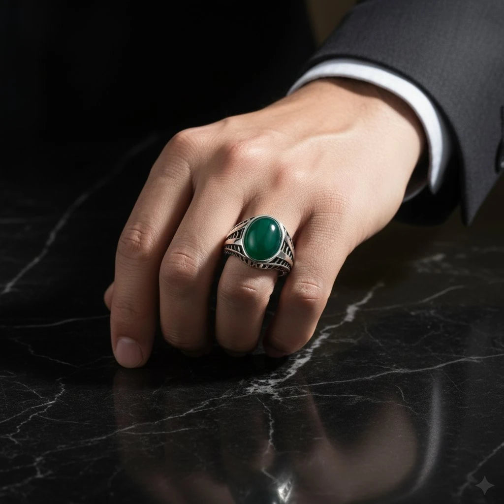 Hand wearing a ring with a green gemstone on a dark marble surface