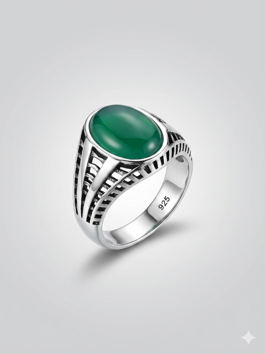 925 Italian Silver Men's Ring with Oval Green Agate &amp; Modern Ladder Cutout Design