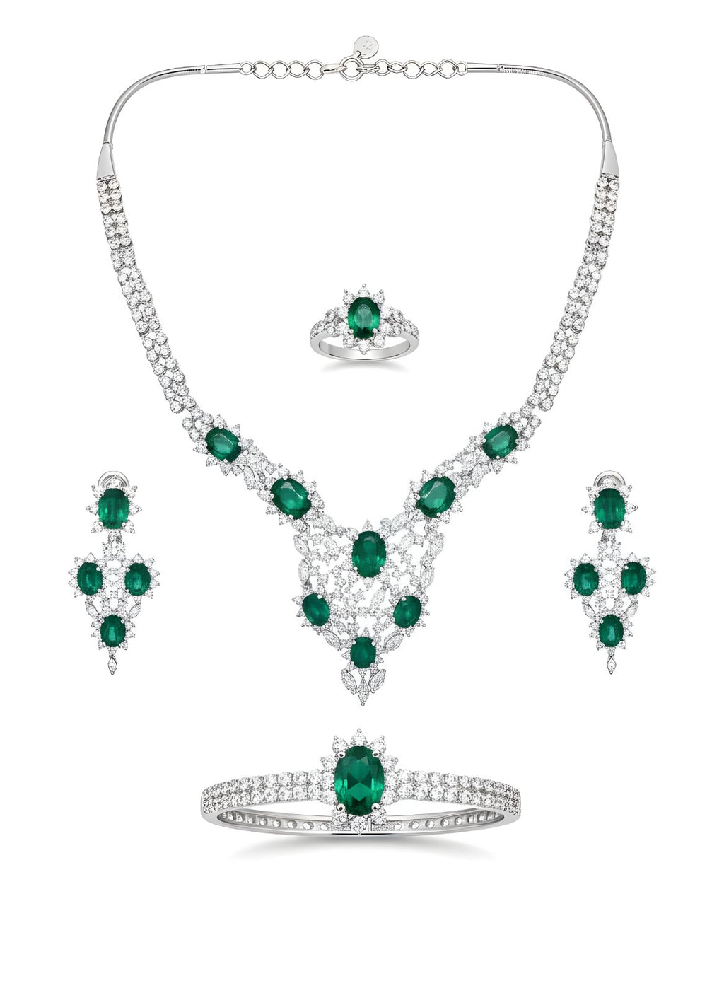 4-Piece Silver Tone Green Halo Jewelry Set