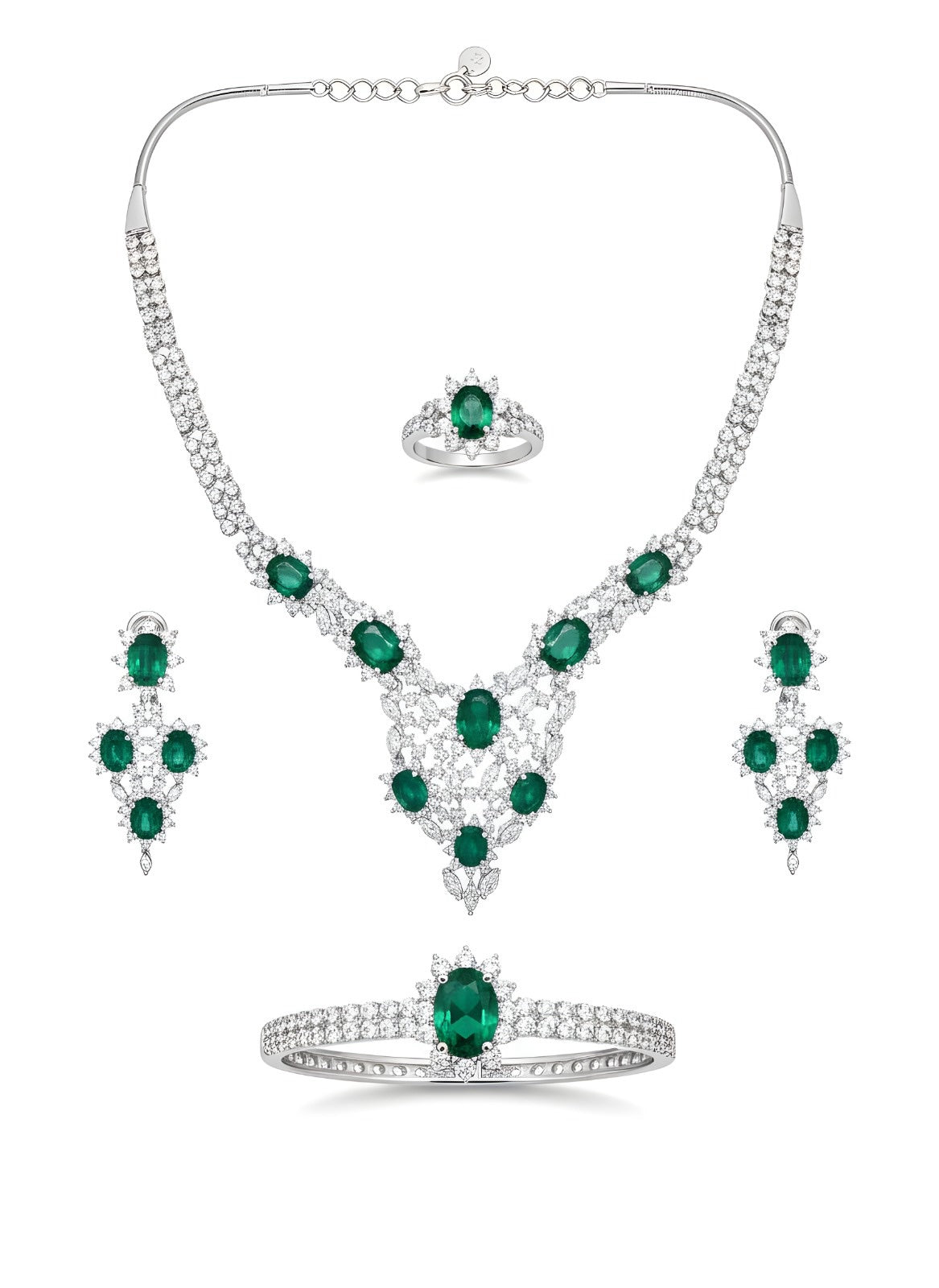 4-Piece Silver Tone Green Halo Jewelry Set