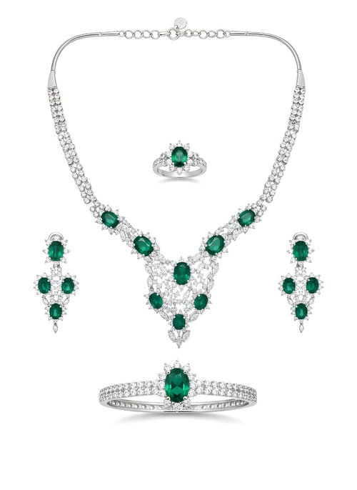 4-Piece Silver Tone Green Halo Jewelry Set
