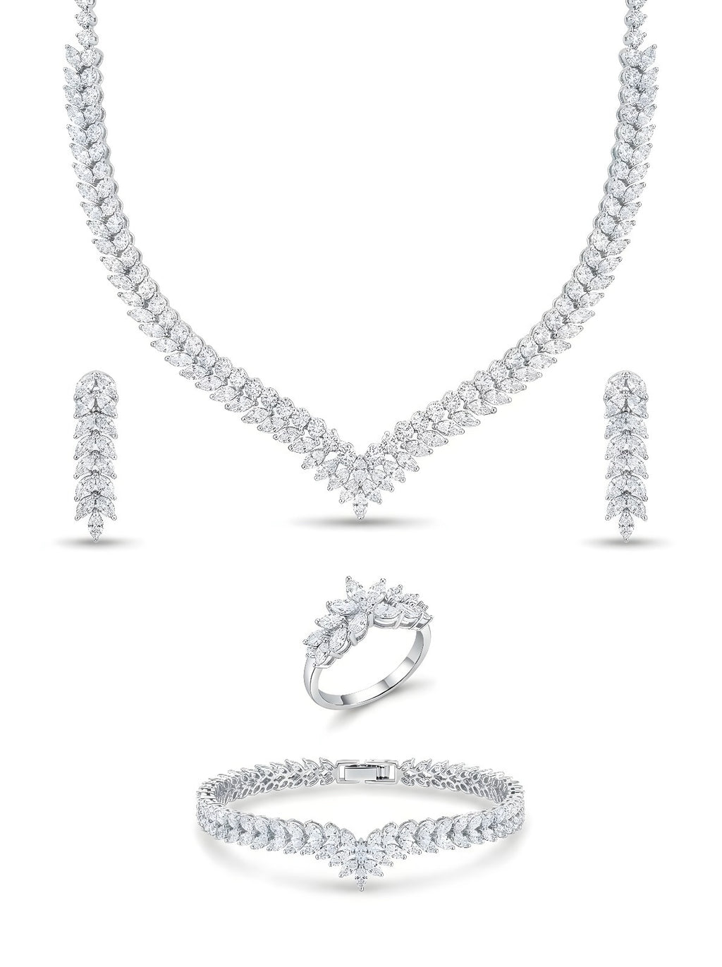 Elegant 4-Piece Silver Leaf Motif Bridal Jewelry Set