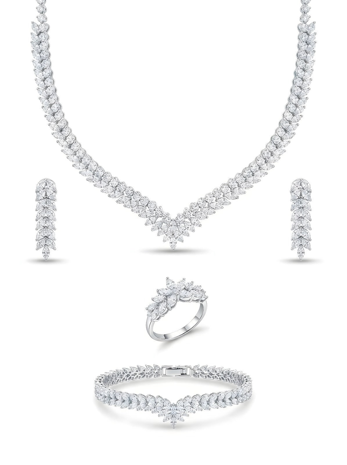 Elegant 4-Piece Silver Leaf Motif Bridal Jewelry Set