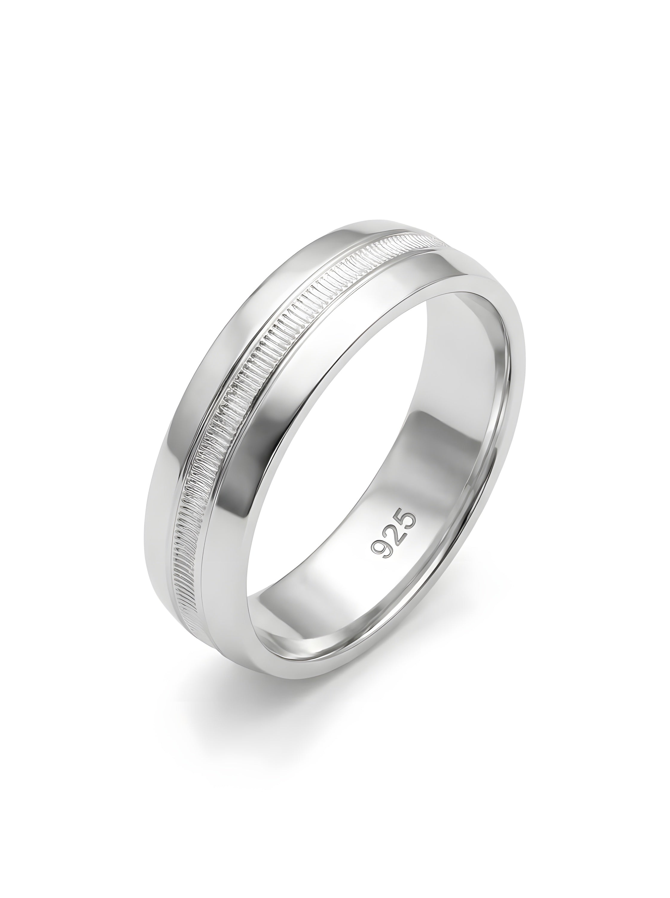 Classic 925 Italian Silver Band Ring with Textured Center Groove