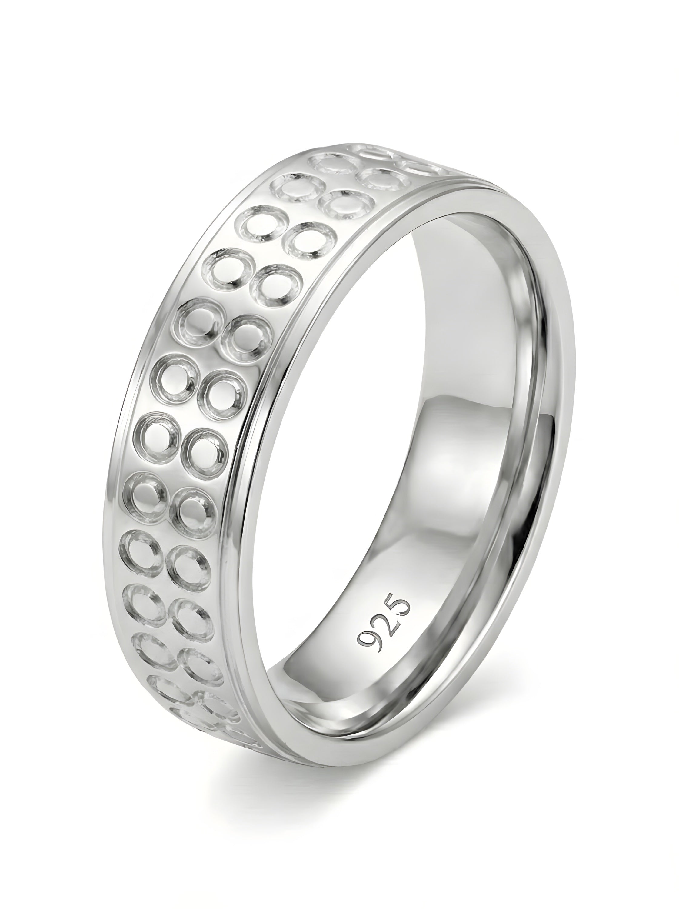 Stylish 925 Italian Silver Band Ring with Double Row Circle Pat