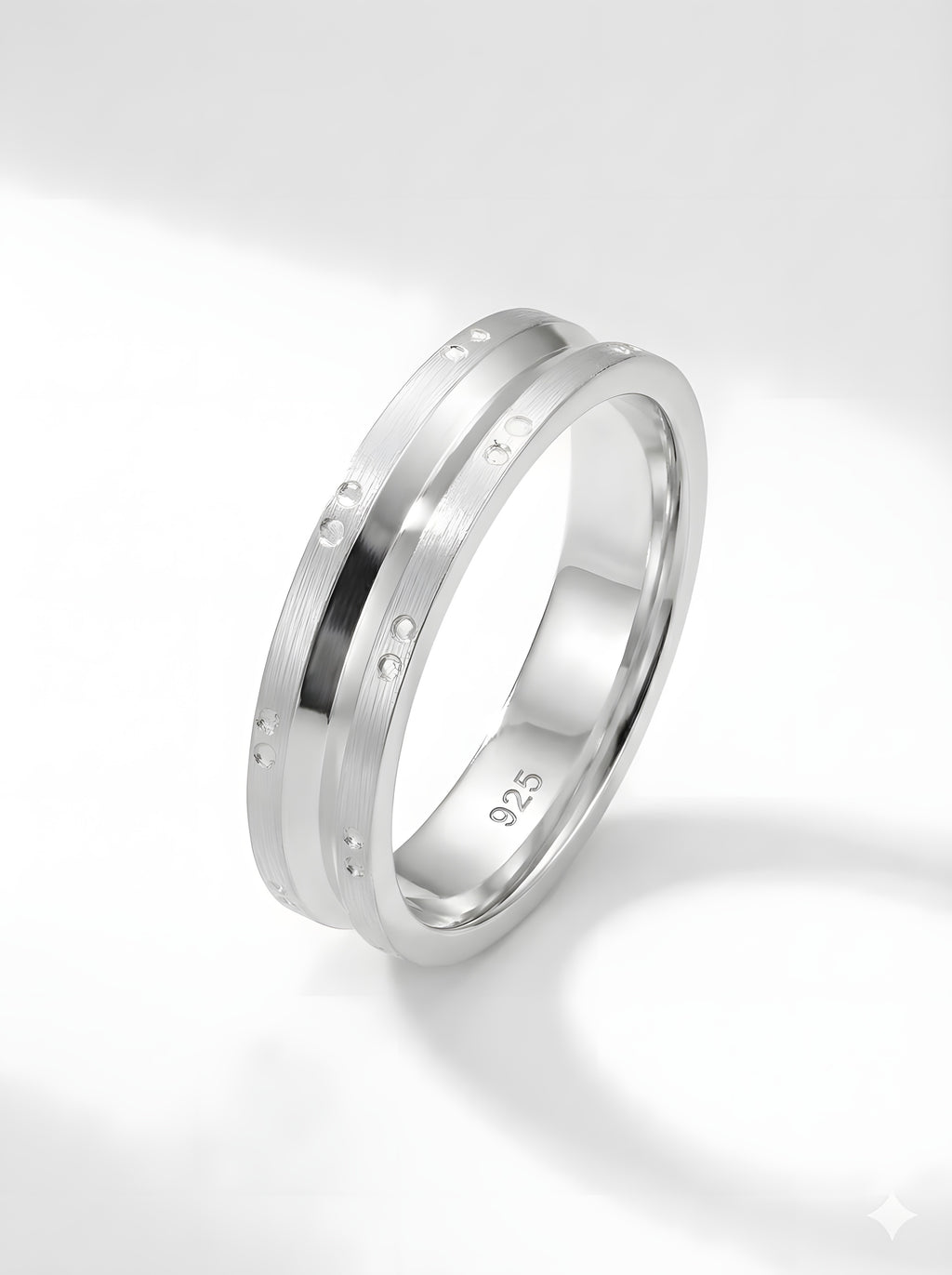 Modern 925 Italian Silver Matte Band Ring with Polished Groove &amp; Dot Accent