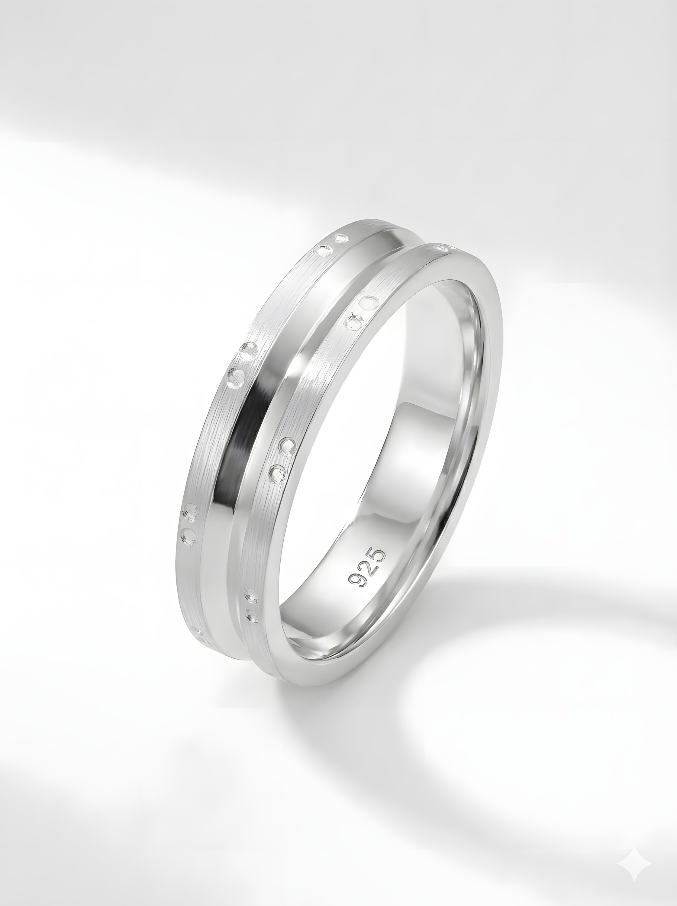 Modern 925 Italian Silver Matte Band Ring with Polished Groove &amp; Dot Accent