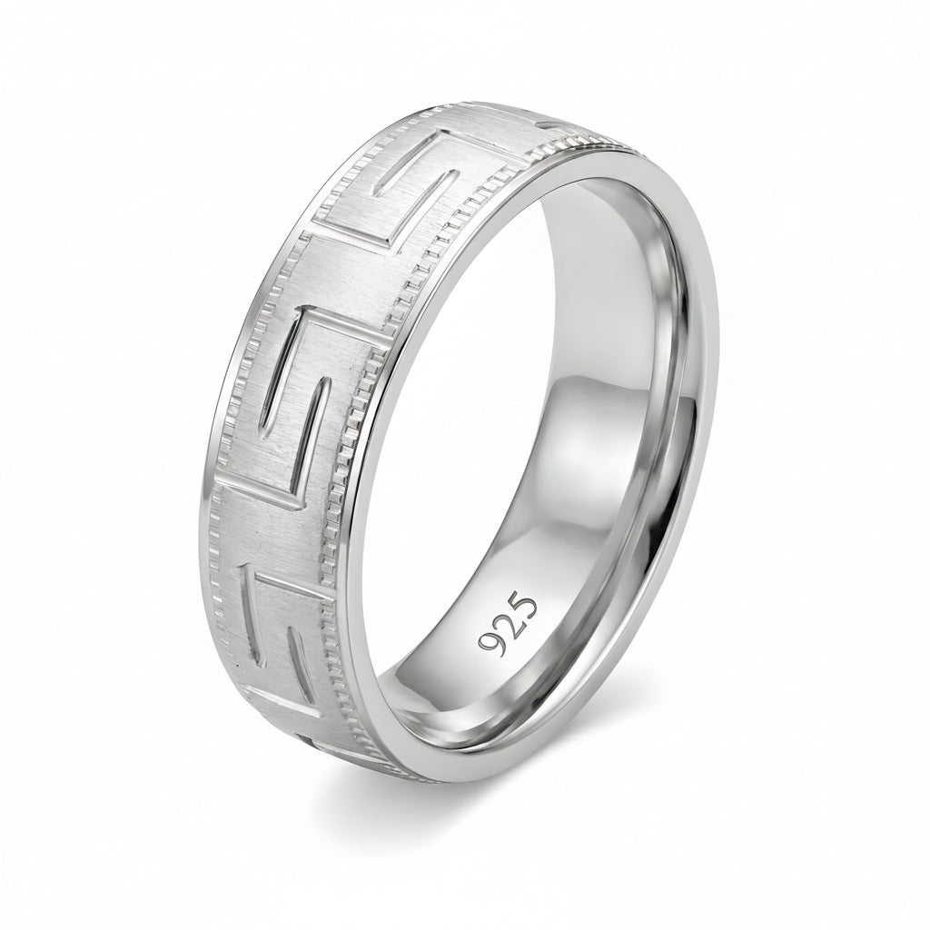 Classic 925 Italian Silver Greek Key Pattern Band Ring