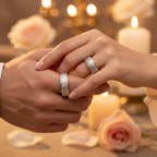 Two hands holding each other with wedding rings, surrounded by candles and flowers.