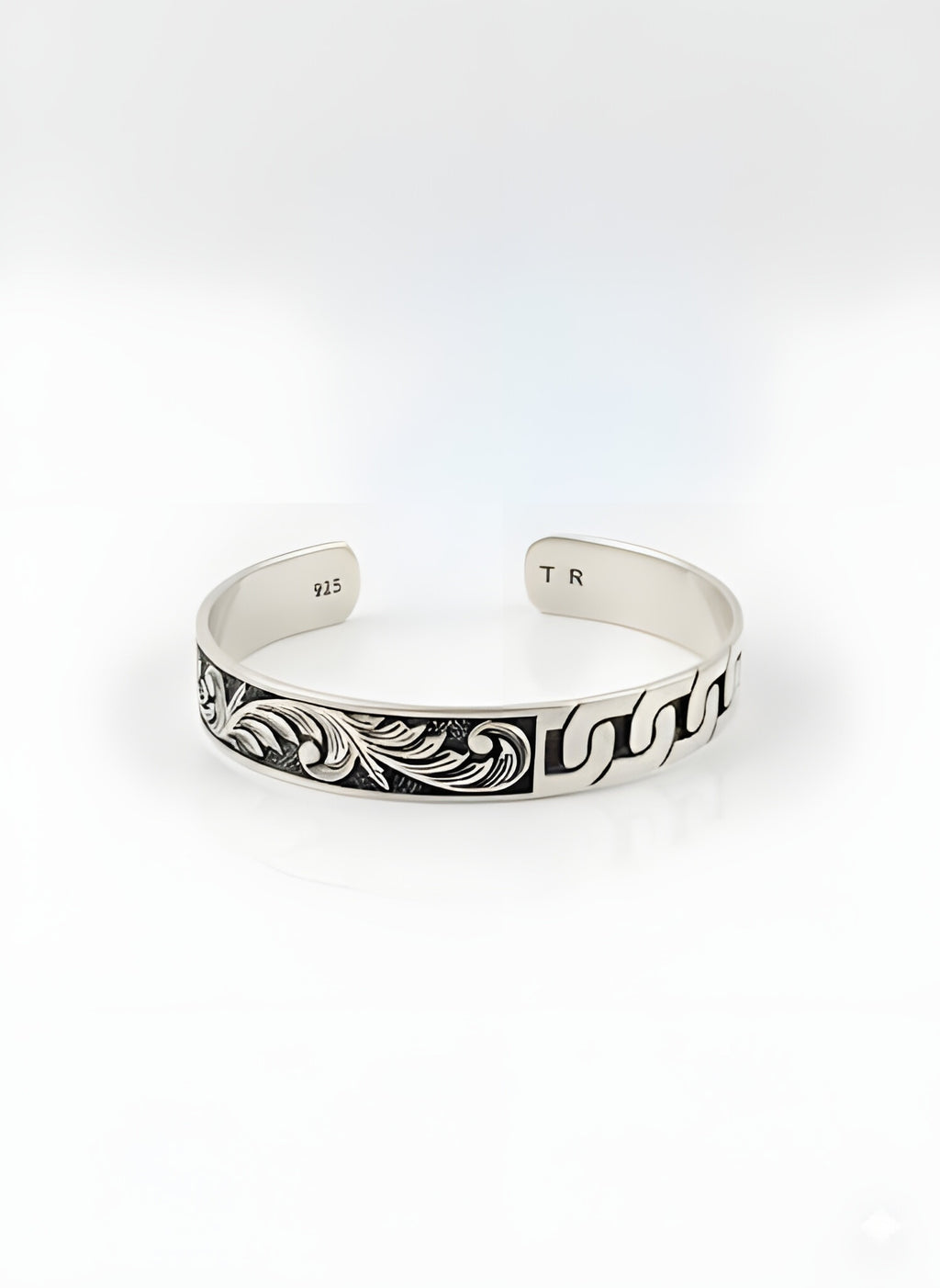 Unique 25.90g 925 Italian Silver Dual-Design Floral &amp; Chain Cuff Bracelet