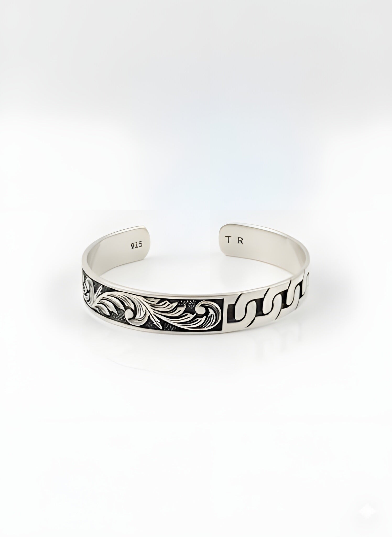 Unique 25.90g 925 Italian Silver Dual-Design Floral &amp; Chain Cuff Bracelet