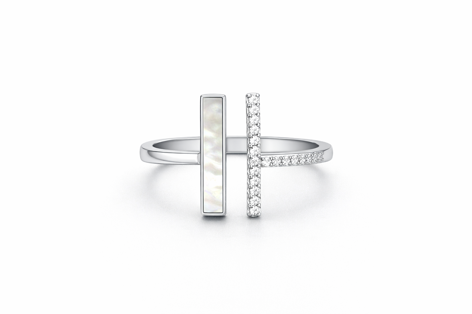 925 Italian Silver Geometric Open Ring with Mother of Pearl &amp; Zircons - Size 6