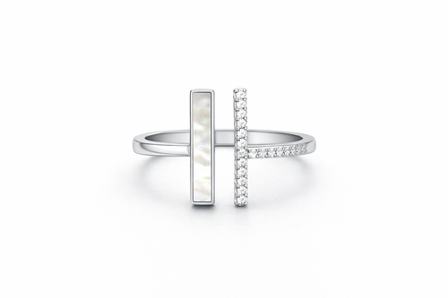 925 Italian Silver Geometric Open Ring with Mother of Pearl &amp; Zircons - Size 6