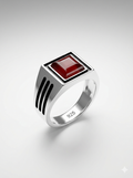 925 Italian Silver Men's Modern Square Ring with Red Agate &amp; Grooved Sides