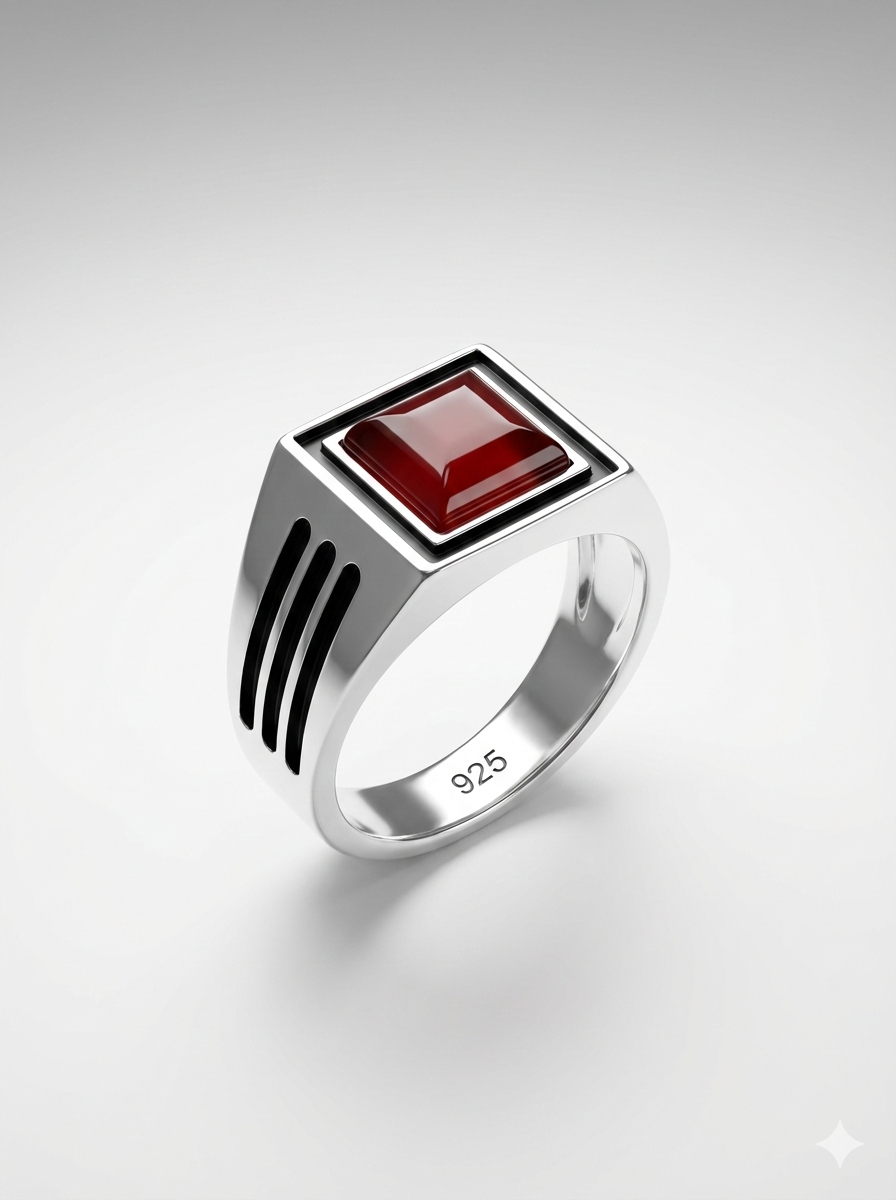 925 Italian Silver Men's Modern Square Ring with Red Agate &amp; Grooved Sides