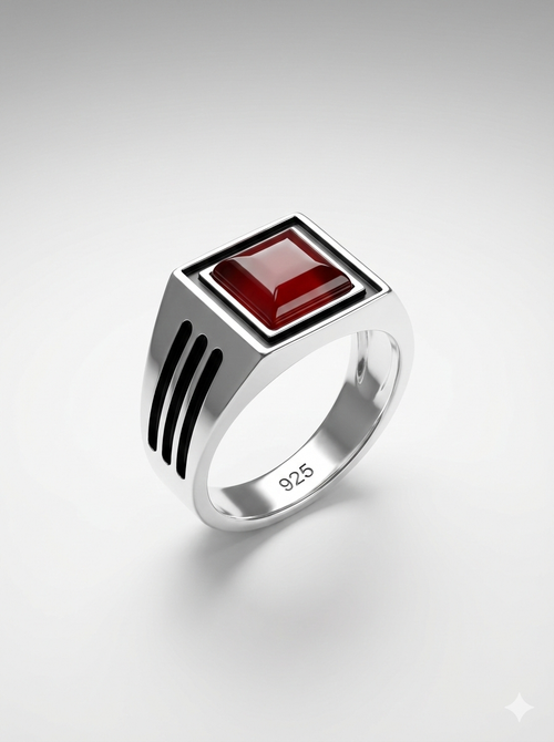 925 Italian Silver Men's Modern Square Ring with Red Agate &amp; Grooved Sides