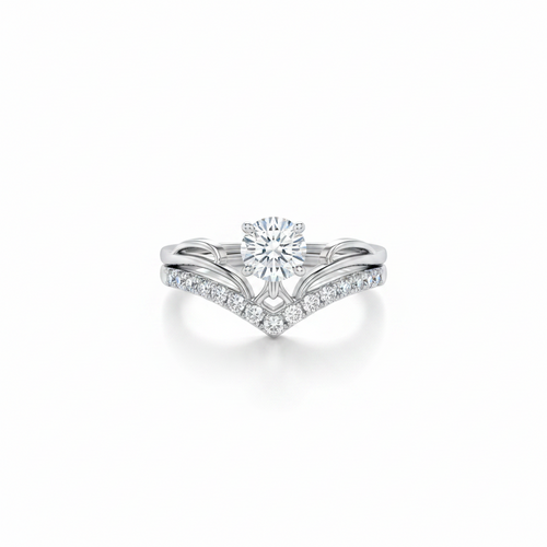 Elegant 925 silver bridal ring set featuring a round-cut solitaire stone with pavé accent band on a white background.
