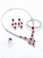 Elegant 74g Rhodium Plated 925 Italian Silver Jewellery Set with Ruby Red Stones
