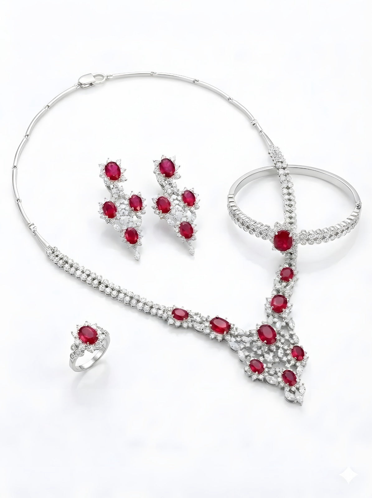 Elegant 74g Rhodium Plated 925 Italian Silver Jewellery Set with Ruby Red Stones