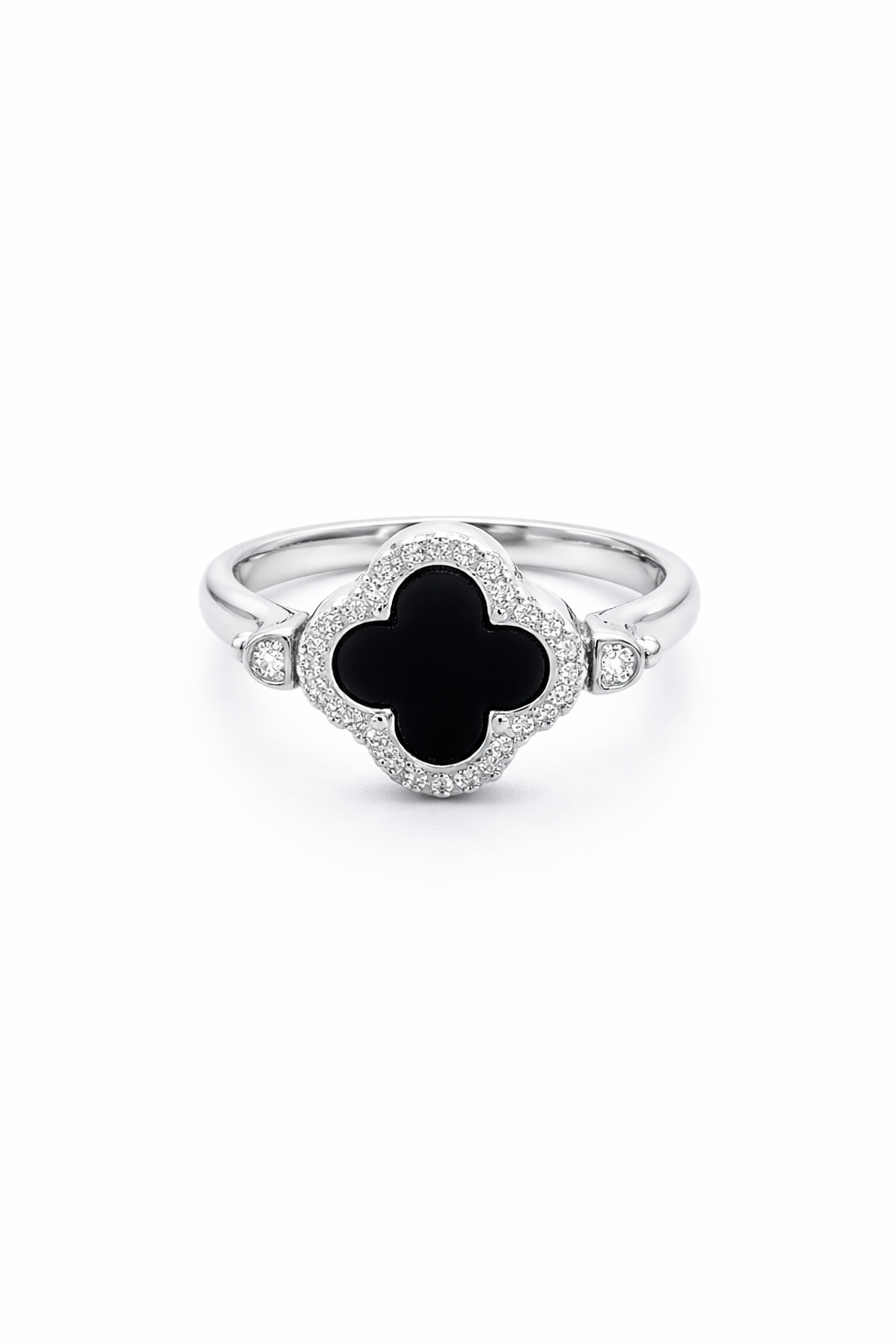 925 Italian Silver Black Clover Halo Ring with Zircons - Size 7