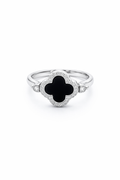 925 Italian Silver Black Clover Halo Ring with Zircons - Size 7