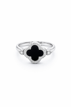 925 Italian Silver Black Clover Halo Ring with Zircons - Size 7