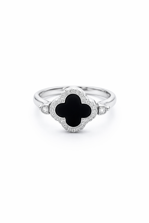 925 Italian Silver Black Clover Halo Ring with Zircons - Size 7
