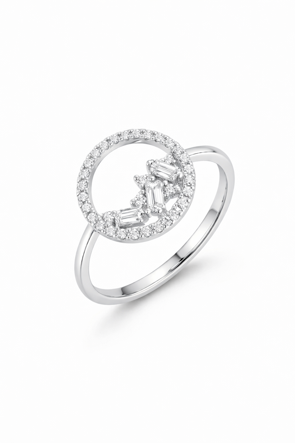 925 Italian Silver Open Circle Ring with Baguette &amp; Round Zircons