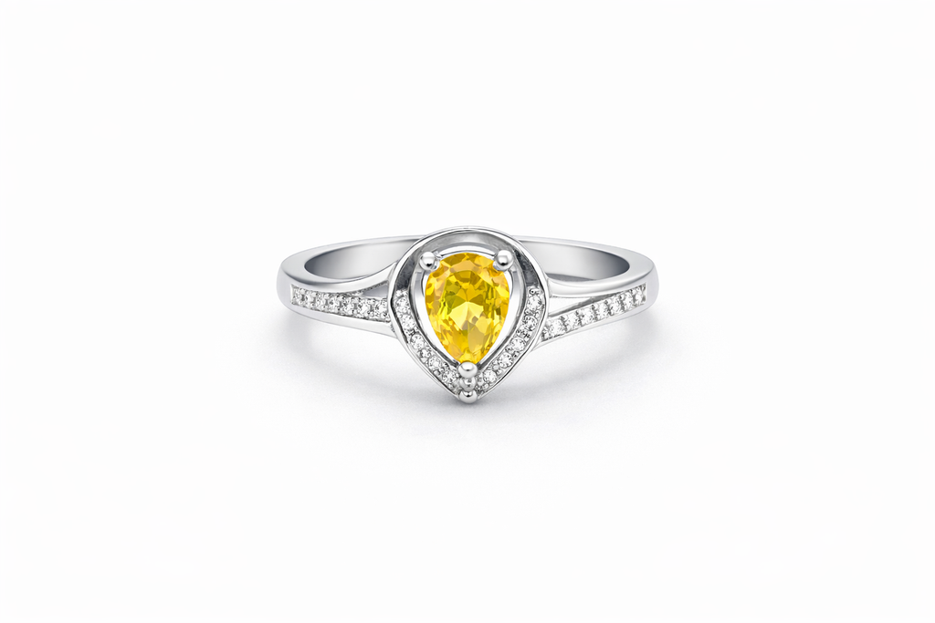 925 Italian Silver Yellow Pear-Cut Ring with Zircon Accents - Size 7.5