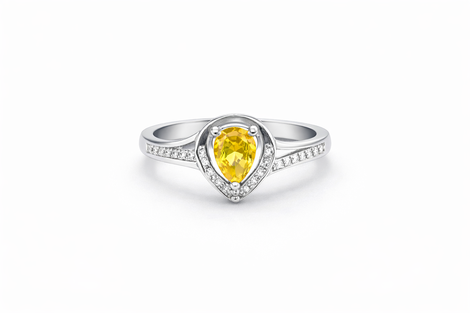 925 Italian Silver Yellow Pear-Cut Ring with Zircon Accents - Size 7.5