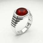 925 Italian Silver Men's Ring with Red Agate in Hexagonal Geometric Setting